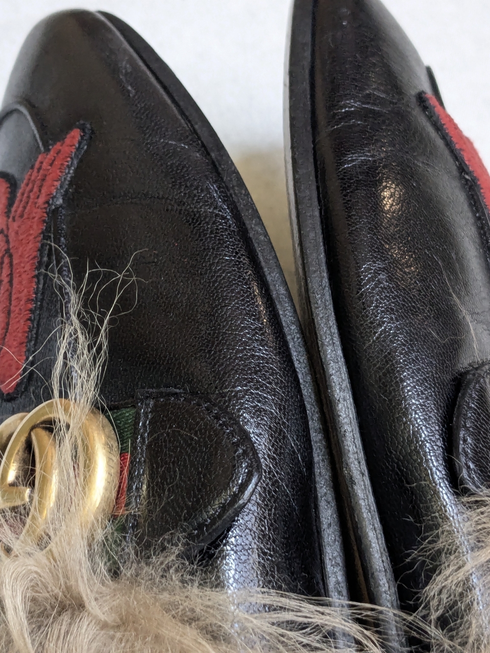 Gucci Black Leather Fur-Trim Princetown Mules with Red Skull Men US 7.5 - Picture 8 of 14